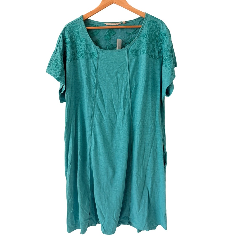 Soft Surroundings Gladstone Dress Womens 2X Blue NEW Embroidered Slub Pockets